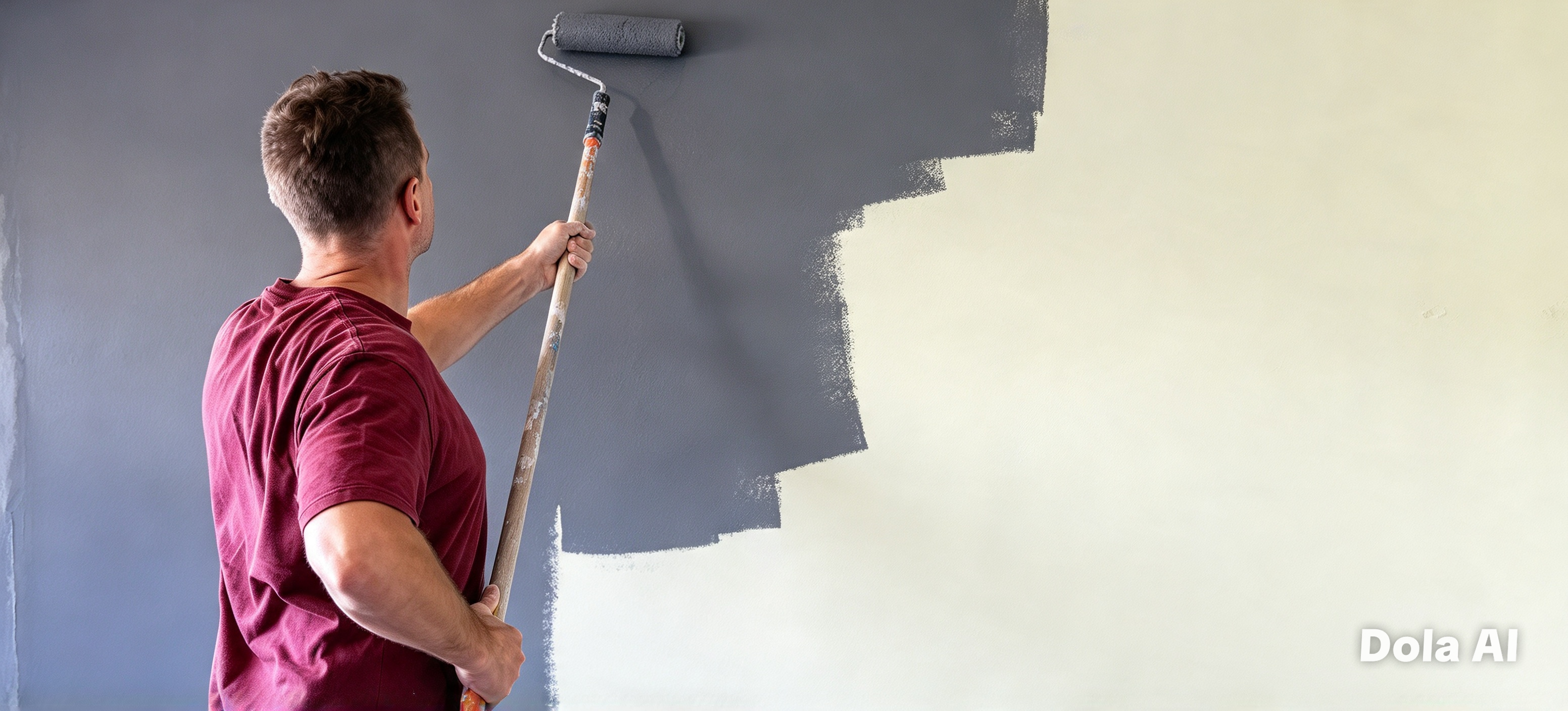 Profissional pintando parede com rolo em um apartamento